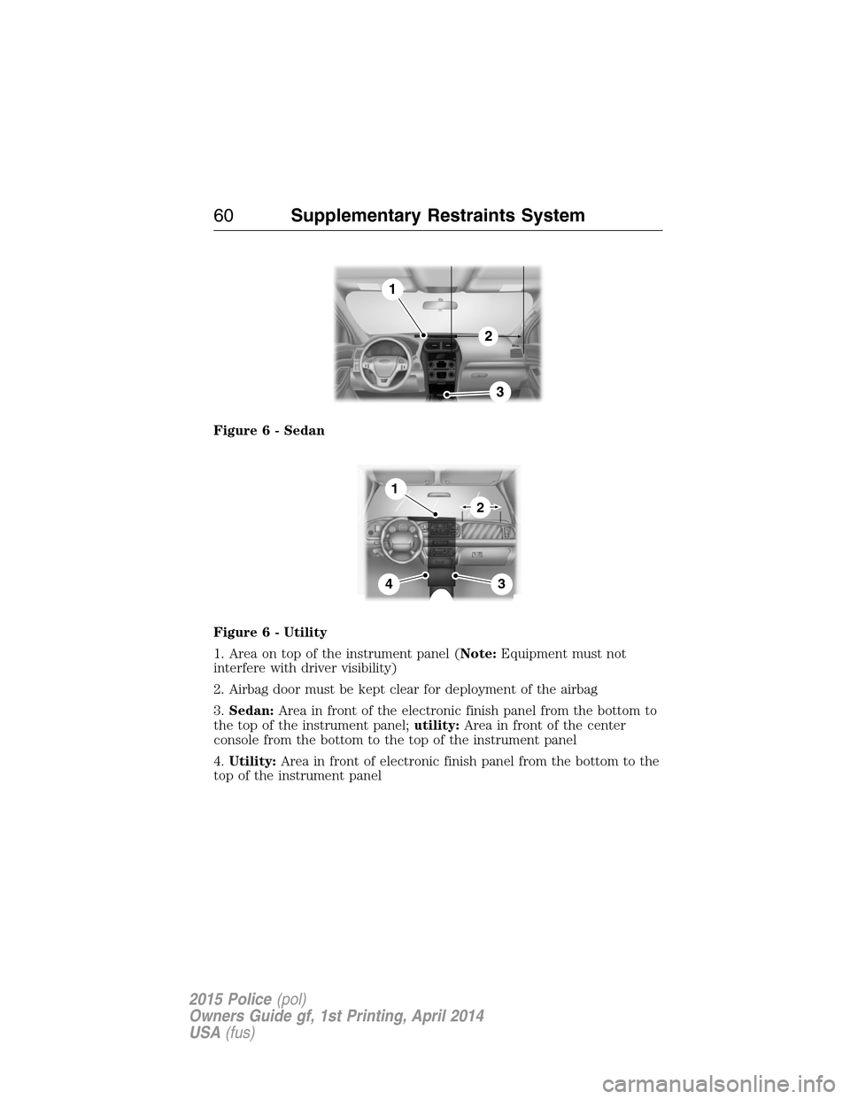 FORD POLICE INTERCEPTOR UTILITY 2015 1.G Repair Manual Figure 6 - Sedan
Figure 6 - Utility
1. Area on top of the instrument panel (Note:Equipment must not
interfere with driver visibility)
2. Airbag door must be kept clear for deployment of the airbag
3.S FORD POLICE INTERCEPTOR UTILITY 2015 1.G Repair Manual Figure 6 - Sedan
Figure 6 - Utility
1. Area on top of the instrument panel (Note:Equipment must not
interfere with driver visibility)
2. Airbag door must be kept clear for deployment of the airbag
3.S