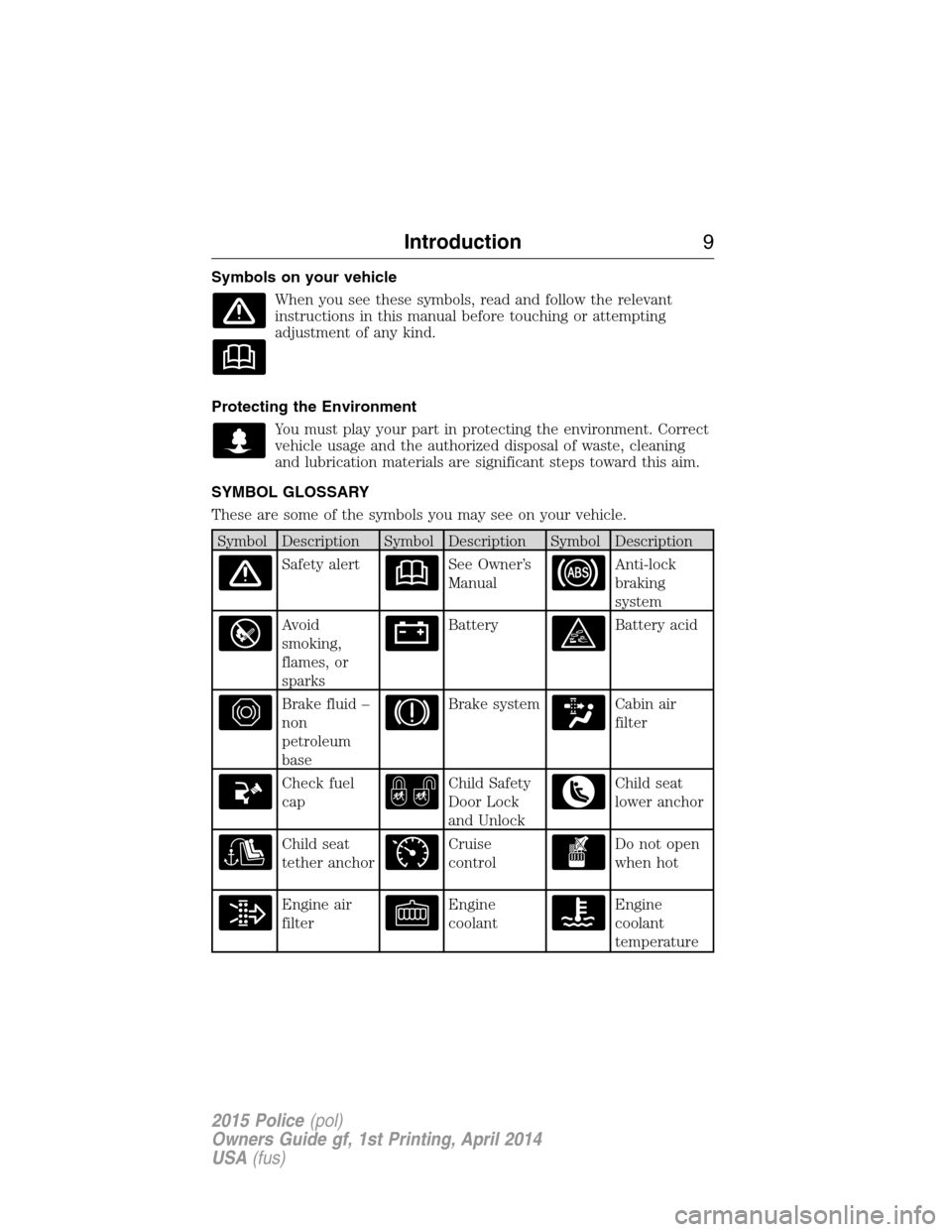 FORD POLICE INTERCEPTOR UTILITY 2015 1.G Owners Manual Symbols on your vehicle
When you see these symbols, read and follow the relevant
instructions in this manual before touching or attempting
adjustment of any kind.
Protecting the Environment
You must p