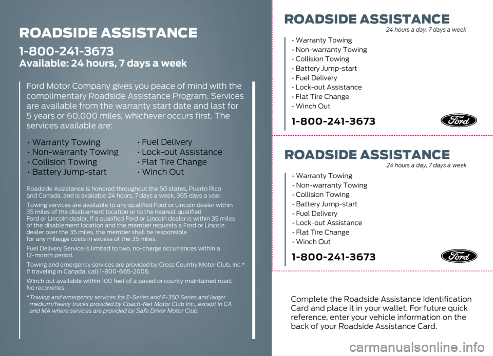 FORD POLICE INTERCEPTOR UTILITY 2015 1.G Roadside Assistance Card ROADSIDE ASSISTANCE
Complete the Roadside Assistance Identification
Card and place it in your wallet. For future quick
reference, enter your vehicle information on the
back of your Roadside Assista FORD POLICE INTERCEPTOR UTILITY 2015 1.G Roadside Assistance Card ROADSIDE ASSISTANCE
Complete the Roadside Assistance Identification
Card and place it in your wallet. For future quick
reference, enter your vehicle information on the
back of your Roadside Assista