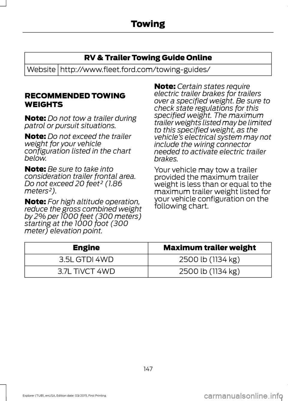 FORD POLICE INTERCEPTOR UTILITY 2016 1.G Owners Manual RV & Trailer Towing Guide Online
http://www.fleet.ford.com/towing-guides/
Website
RECOMMENDED TOWING
WEIGHTS
Note: Do not tow a trailer during
patrol or pursuit situations.
Note: Do not exceed the tra FORD POLICE INTERCEPTOR UTILITY 2016 1.G Owners Manual RV & Trailer Towing Guide Online
http://www.fleet.ford.com/towing-guides/
Website
RECOMMENDED TOWING
WEIGHTS
Note: Do not tow a trailer during
patrol or pursuit situations.
Note: Do not exceed the tra
