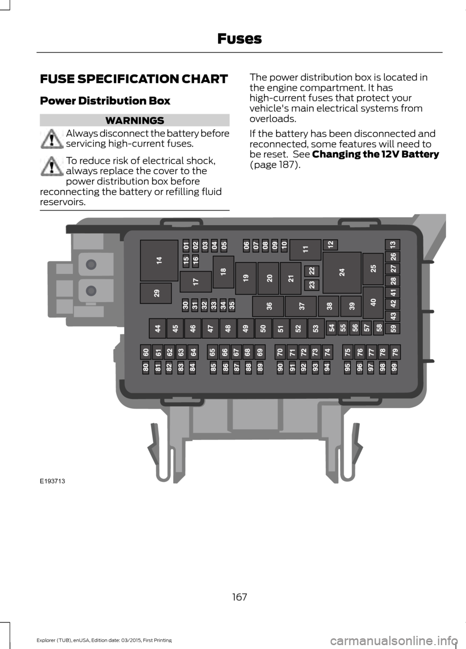 FORD POLICE INTERCEPTOR UTILITY 2016 1.G Owners Manual FUSE SPECIFICATION CHART
Power Distribution Box
WARNINGS
Always disconnect the battery before
servicing high-current fuses.
To reduce risk of electrical shock,
always replace the cover to the
power di