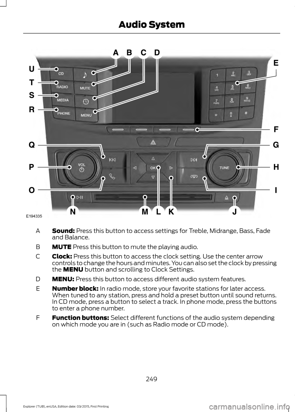 FORD POLICE INTERCEPTOR UTILITY 2016 1.G Owners Manual Sound: Press this button to access settings for Treble, Midrange, Bass, Fade
and Balance.
A
MUTE
 Press this button to mute the playing audio.
B
Clock:
 Press this button to access the clock setting. 