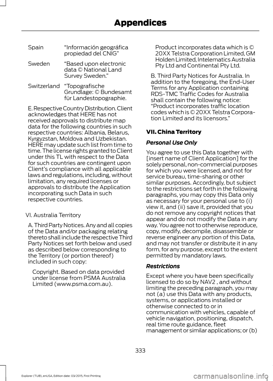 FORD POLICE INTERCEPTOR UTILITY 2016 1.G Owners Manual “Información geográfica
propiedad del CNIG”
Spain
“Based upon electronic
data © National Land
Survey Sweden. ”
Sweden
“Topografische
Grundlage: © Bundesamt
für Landestopographie.
Switze