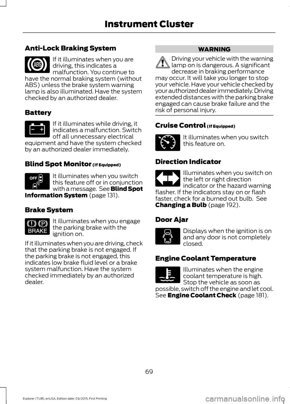 FORD POLICE INTERCEPTOR UTILITY 2016 1.G Manual PDF Anti-Lock Braking System
If it illuminates when you are
driving, this indicates a
malfunction. You continue to
have the normal braking system (without
ABS) unless the brake system warning
lamp is also FORD POLICE INTERCEPTOR UTILITY 2016 1.G Manual PDF Anti-Lock Braking System
If it illuminates when you are
driving, this indicates a
malfunction. You continue to
have the normal braking system (without
ABS) unless the brake system warning
lamp is also