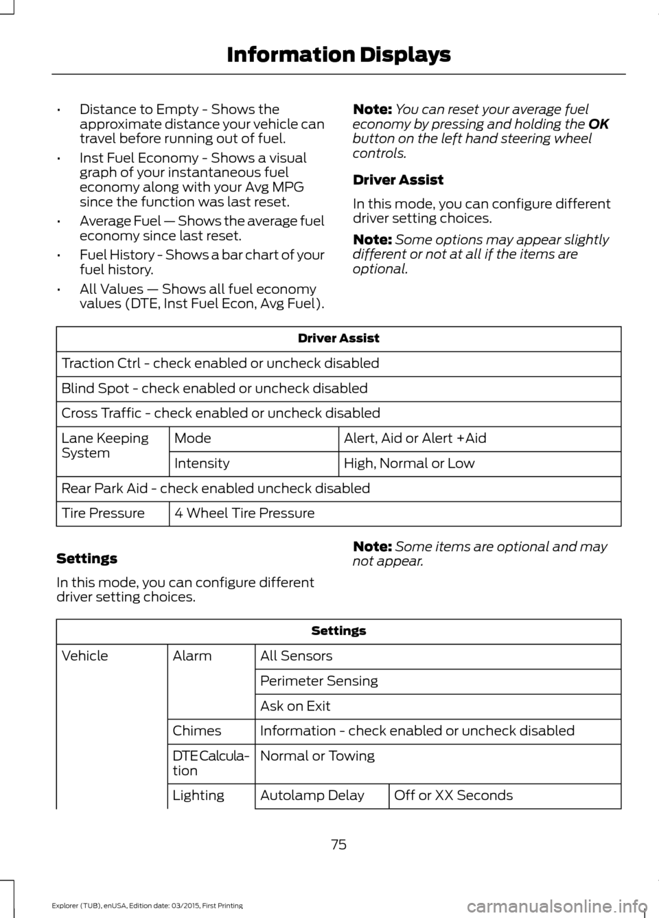 FORD POLICE INTERCEPTOR UTILITY 2016 1.G User Guide •
Distance to Empty - Shows the
approximate distance your vehicle can
travel before running out of fuel.
• Inst Fuel Economy - Shows a visual
graph of your instantaneous fuel
economy along with yo FORD POLICE INTERCEPTOR UTILITY 2016 1.G User Guide •
Distance to Empty - Shows the
approximate distance your vehicle can
travel before running out of fuel.
• Inst Fuel Economy - Shows a visual
graph of your instantaneous fuel
economy along with yo