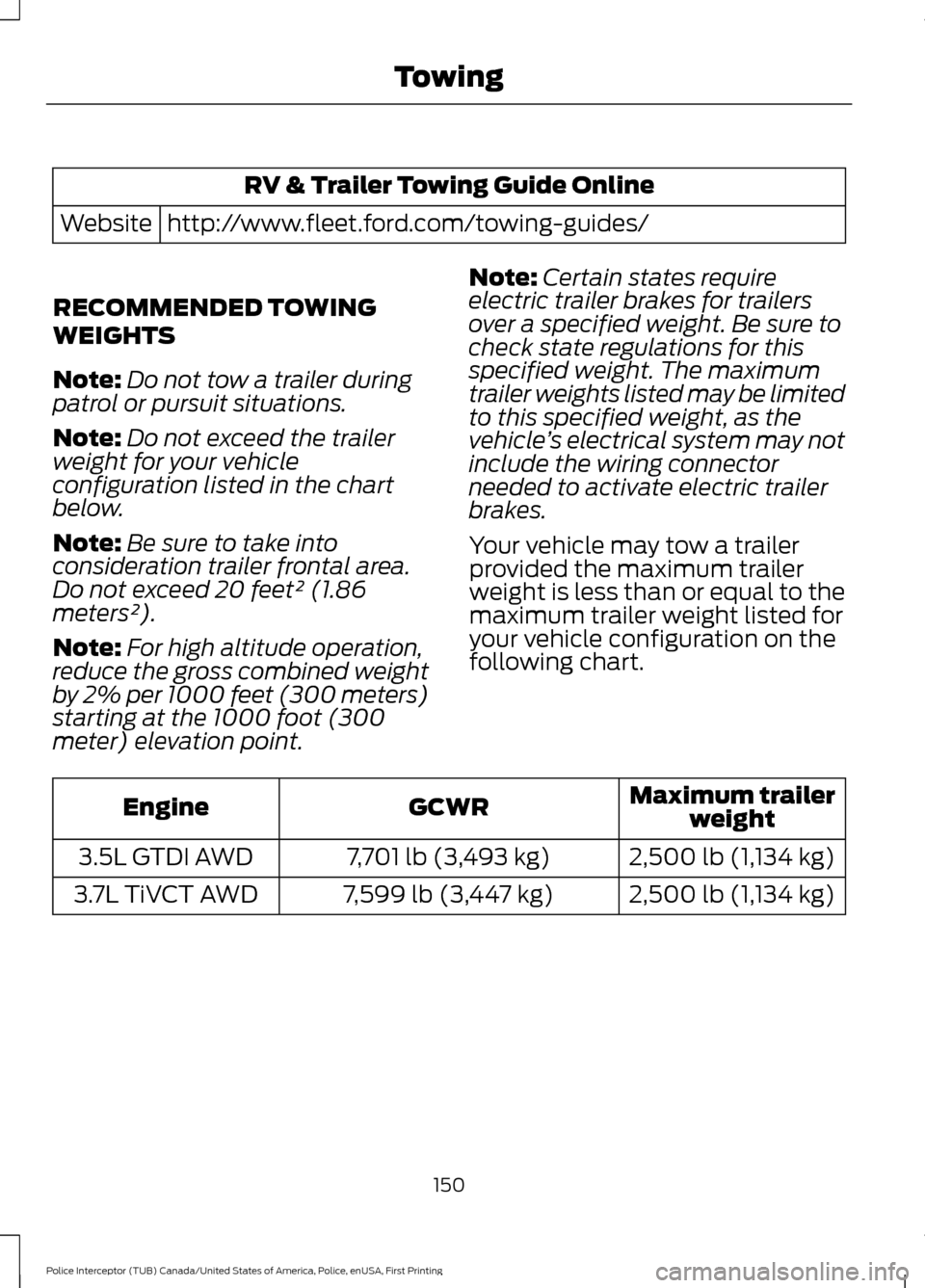 FORD POLICE INTERCEPTOR UTILITY 2017 1.G User Guide RV & Trailer Towing Guide Online
http://www.fleet.ford.com/towing-guides/
Website
RECOMMENDED TOWING
WEIGHTS
Note: Do not tow a trailer during
patrol or pursuit situations.
Note: Do not exceed the tra FORD POLICE INTERCEPTOR UTILITY 2017 1.G User Guide RV & Trailer Towing Guide Online
http://www.fleet.ford.com/towing-guides/
Website
RECOMMENDED TOWING
WEIGHTS
Note: Do not tow a trailer during
patrol or pursuit situations.
Note: Do not exceed the tra