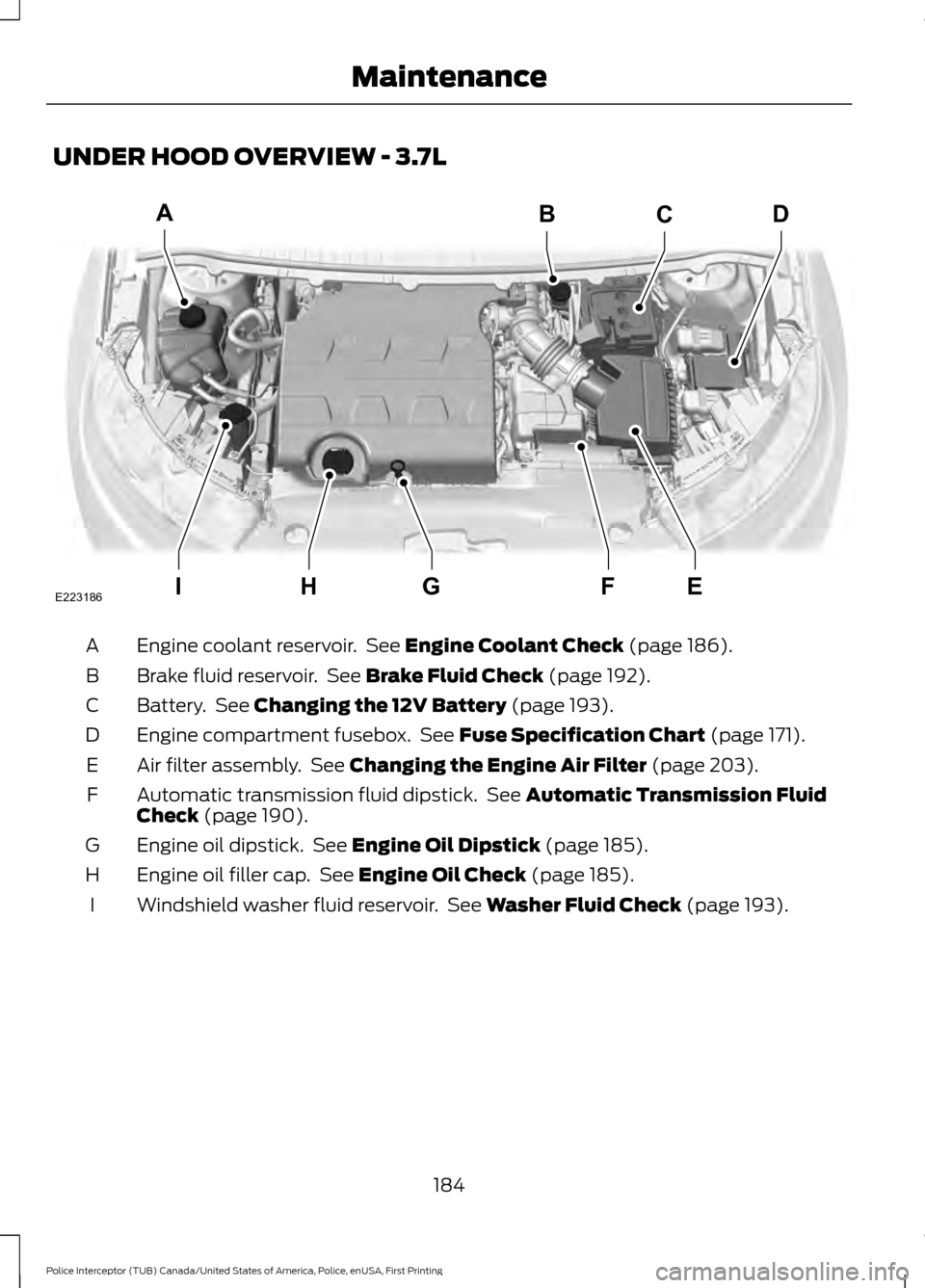 FORD POLICE INTERCEPTOR UTILITY 2017 1.G Owners Manual UNDER HOOD OVERVIEW - 3.7L
Engine coolant reservoir. See Engine Coolant Check (page 186).
A
Brake fluid reservoir. See
Brake Fluid Check (page 192).
B
Battery. See
Changing the 12V Battery (page FORD POLICE INTERCEPTOR UTILITY 2017 1.G Owners Manual UNDER HOOD OVERVIEW - 3.7L
Engine coolant reservoir. See Engine Coolant Check (page 186).
A
Brake fluid reservoir. See
Brake Fluid Check (page 192).
B
Battery. See
Changing the 12V Battery (page