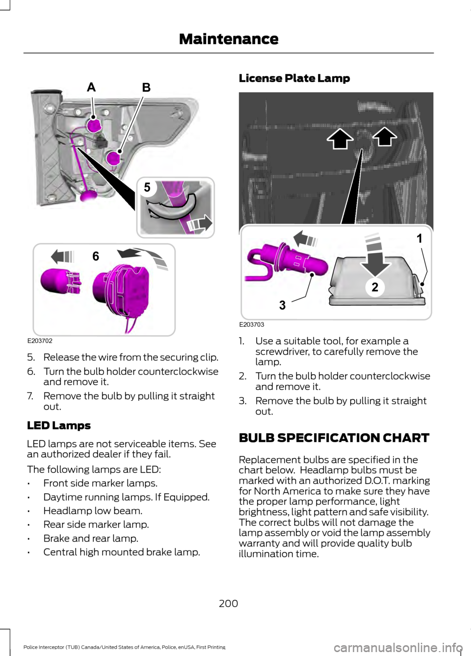 FORD POLICE INTERCEPTOR UTILITY 2017 1.G Owners Manual 5.
Release the wire from the securing clip.
6. Turn the bulb holder counterclockwise
and remove it.
7. Remove the bulb by pulling it straight out.
LED Lamps
LED lamps are not serviceable items. See
an