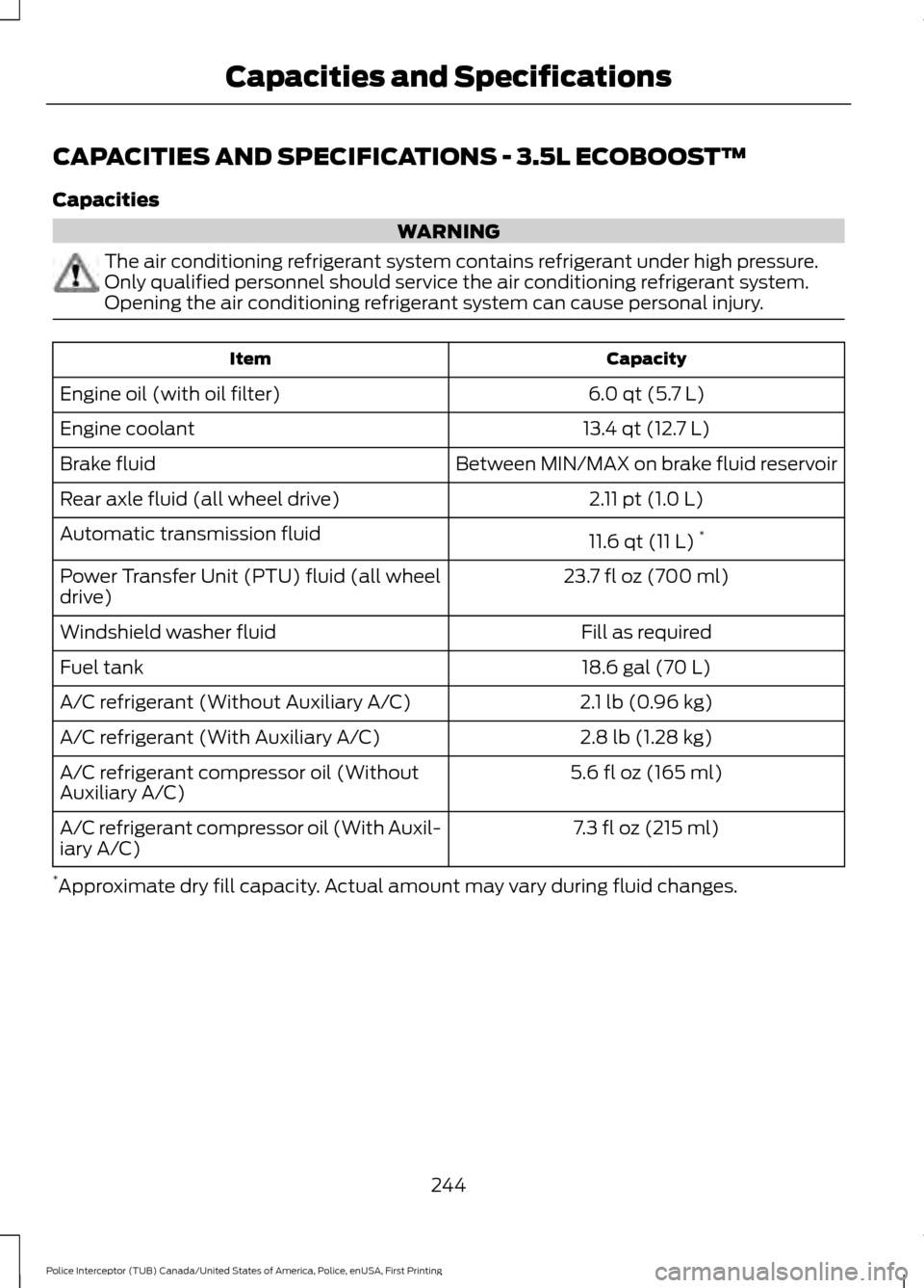 FORD POLICE INTERCEPTOR UTILITY 2017 1.G User Guide CAPACITIES AND SPECIFICATIONS - 3.5L ECOBOOST™
Capacities
WARNING
The air conditioning refrigerant system contains refrigerant under high pressure.
Only qualified personnel should service the air co