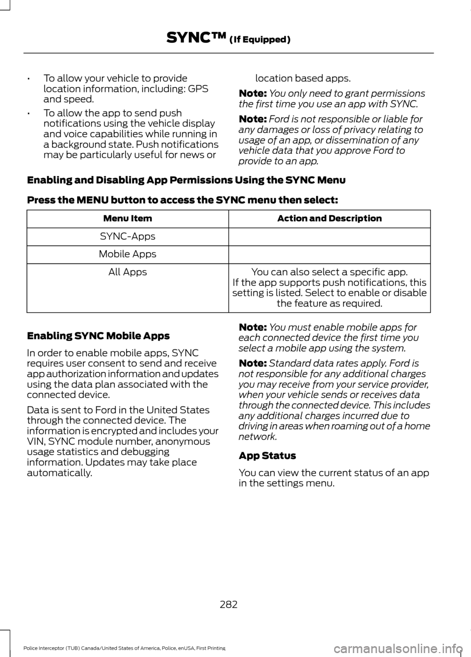 FORD POLICE INTERCEPTOR UTILITY 2017 1.G Repair Manual •
To allow your vehicle to provide
location information, including: GPS
and speed.
• To allow the app to send push
notifications using the vehicle display
and voice capabilities while running in
a FORD POLICE INTERCEPTOR UTILITY 2017 1.G Repair Manual •
To allow your vehicle to provide
location information, including: GPS
and speed.
• To allow the app to send push
notifications using the vehicle display
and voice capabilities while running in
a