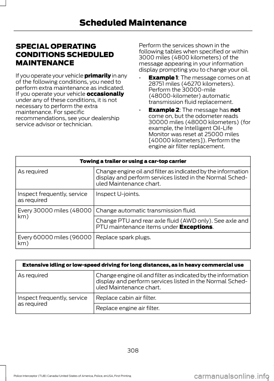 FORD POLICE INTERCEPTOR UTILITY 2017 1.G Owners Manual SPECIAL OPERATING
CONDITIONS SCHEDULED
MAINTENANCE
If you operate your vehicle primarily in any
of the following conditions, you need to
perform extra maintenance as indicated.
If you operate your veh