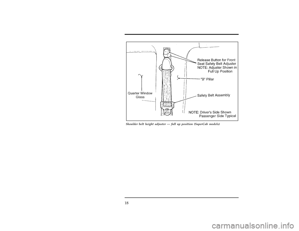 FORD RANGER 1996 2.G Owners Manual 18
[SR03558(R )06/95]
17-1/2 pica
art:0021279-B
Shoulder belt height adjuster Ð full up position (SuperCab models)
File:03unsrr.ex
Update:Wed May  1 13:43:56 1996 