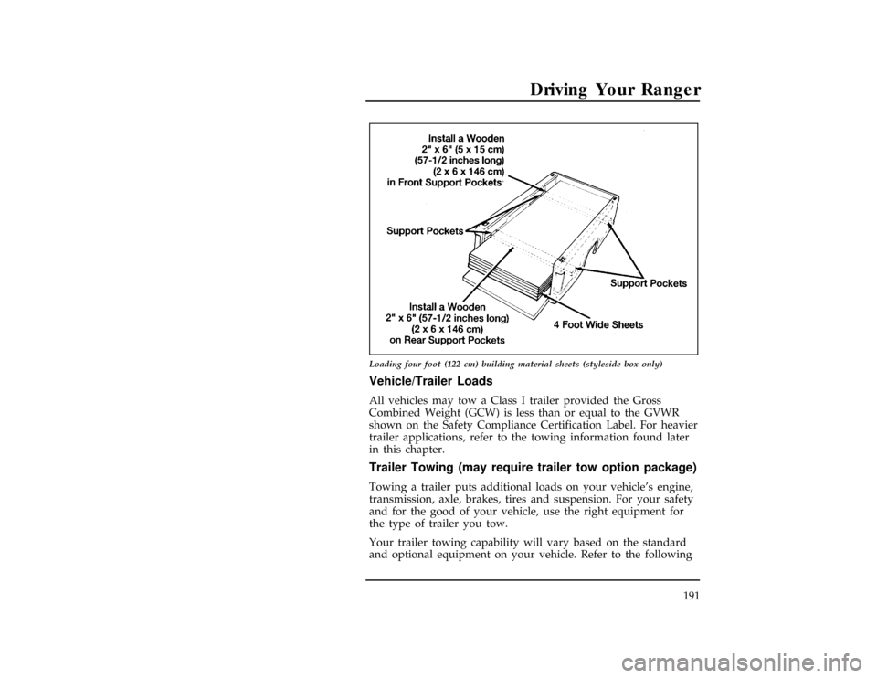 FORD RANGER 1996 2.G Owners Manual Driving Your Ranger
191
[DR28700(R )03/95]
17-1/2 pica
art:0090121-A
Loading four foot (122 cm) building material sheets (styleside box only)
*
[DR28750(ALL)01/93]
Vehicle/Trailer Loads
*
[DR28801(ALL