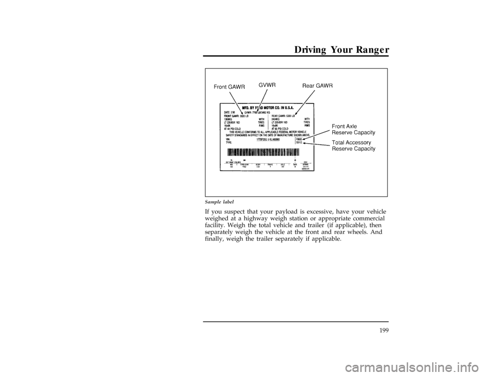 FORD RANGER 1996 2.G Owners Manual Driving Your Ranger
199
[DR31650(ALL)04/94]
17-1/2 pica
art:0021184-A
Sample label
*
[DR31702(ALL)03/91]
If you suspect that your payload is excessive, have your vehicle
weighed at a highway weigh sta