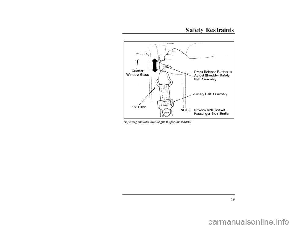 FORD RANGER 1996 2.G Owners Manual Safety Restraints
19
[SR03560(R )05/95]
17-1/2 pica
art:0090167-A
Adjusting shoulder belt height (SuperCab models)
File:03unsrr.ex
Update:Wed May  1 13:43:56 1996 