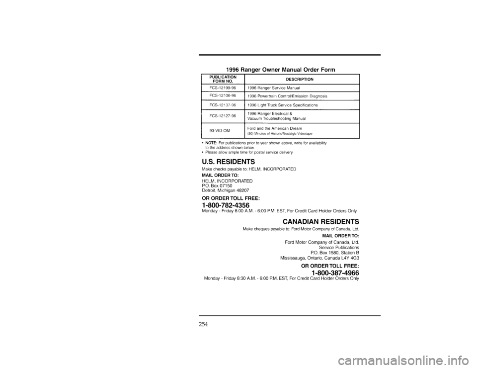 FORD RANGER 1996 2.G Owners Manual 254
[AC02900(R )07/95]
thirty-two pica
chart:0090202-AFile:14unacr.ex
Update:Wed May  1 13:54:10 1996 
