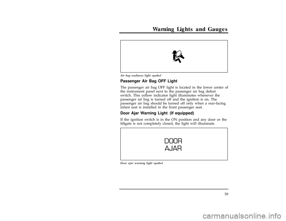 FORD RANGER 1996 2.G Workshop Manual Warning Lights and Gauges
59
[LG04440(ALL)10/94]
7-1/2 pica art:0021268-A
Air bag readiness light symbol
[LG04443(R )06/95]
Passenger Air Bag OFF Light
[LG04444(R )06/95]
The passenger air bag OFF lig