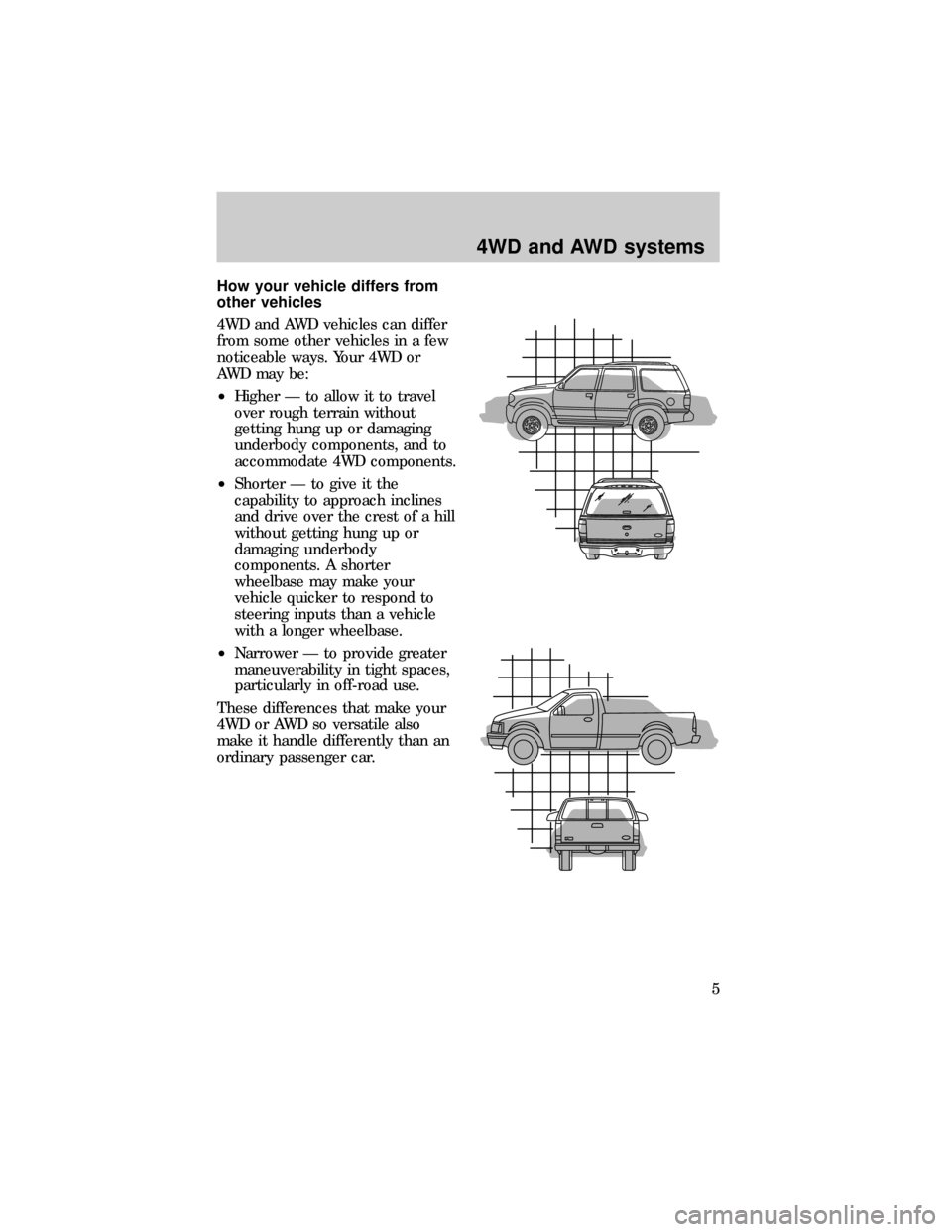 FORD RANGER 1997 2.G 4x4 Supplement Manual How your vehicle differs from
other vehicles
4WD and AWD vehicles can differ
from some other vehicles in a few
noticeable ways. Your 4WD or
AWD may be:
²Higher Ð to allow it to travel
over rough ter FORD RANGER 1997 2.G 4x4 Supplement Manual How your vehicle differs from
other vehicles
4WD and AWD vehicles can differ
from some other vehicles in a few
noticeable ways. Your 4WD or
AWD may be:
²Higher Ð to allow it to travel
over rough ter