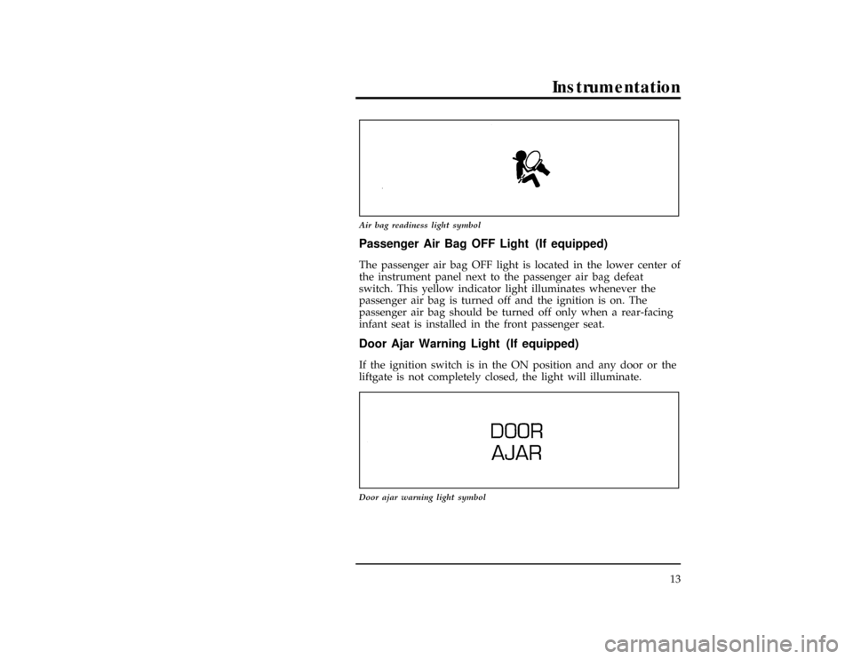 FORD RANGER 1997 2.G User Guide Instrumentation
13
[IS04440(R)01/96]
7-1/2 pica art:0021268-A
Air bag readiness light symbol
[IS04443(R)05/96]
Passenger Air Bag OFF Light (If equipped)
[IS04444(R)01/96]
The passenger air bag OFF lig