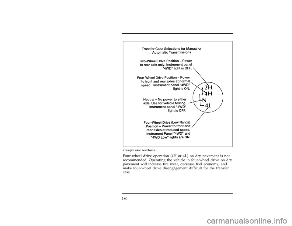 FORD RANGER 1997 2.G Owners Manual 180
[GF17020(R)05/96]
24 pica art:0090170-A
Transfer case selections
*
[GF17030(R)05/96]
Four-wheel drive operation (4H or 4L) on dry pavement is not
recommended. Operating the vehicle in four-wheel d