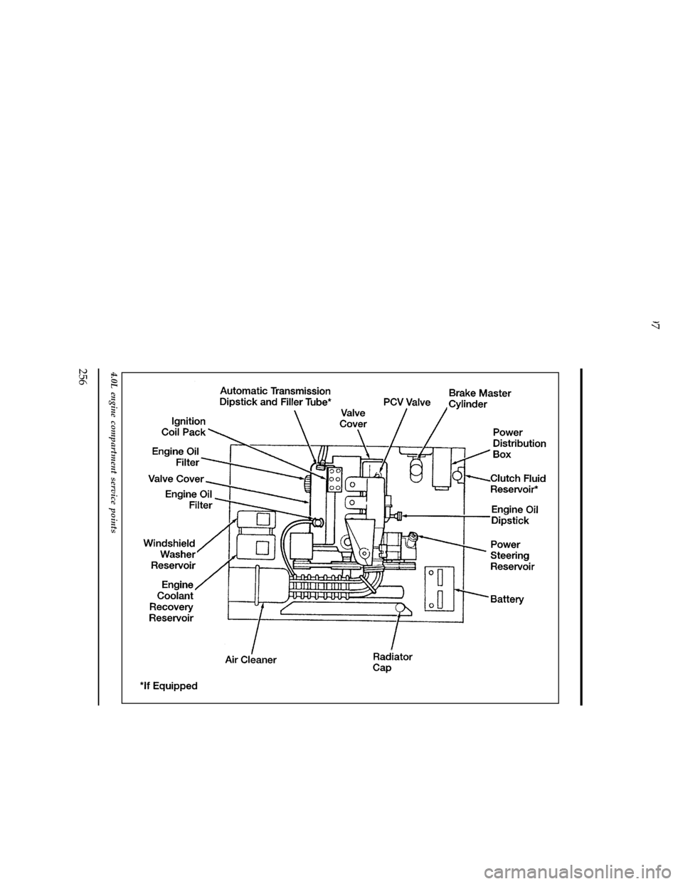 FORD RANGER 1997 2.G Owners Manual 256
[MC05625(R)05/96]
33-1/2 pica
art:0090153-B
4.0L engine compartment service points
File:11unmcr.ex
Update:Thu Mar 20 08:58:43 1997 