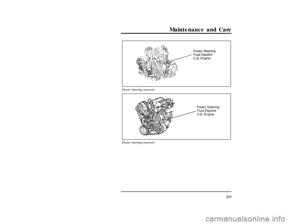 FORD RANGER 1997 2.G Owners Manual Maintenance and Care
269
[MC22930(R)01/96]
10-1/2 pica art:0020384-E
Power steering reservoir
[MC22934(R)01/96]
10-1/2 pica
art:0020383-C
Power steering reservoir
File:11unmcr.ex
Update:Thu Mar 20 08: