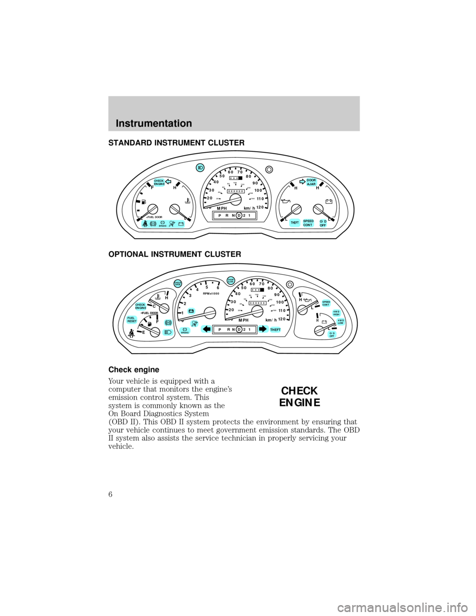 FORD RANGER 1998 2.G Owners Manual STANDARD INSTRUMENT CLUSTER
OPTIONAL INSTRUMENT CLUSTER
Check engine
Your vehicle is equipped with a
computer that monitors the engines
emission control system. This
system is commonly known as the
O
