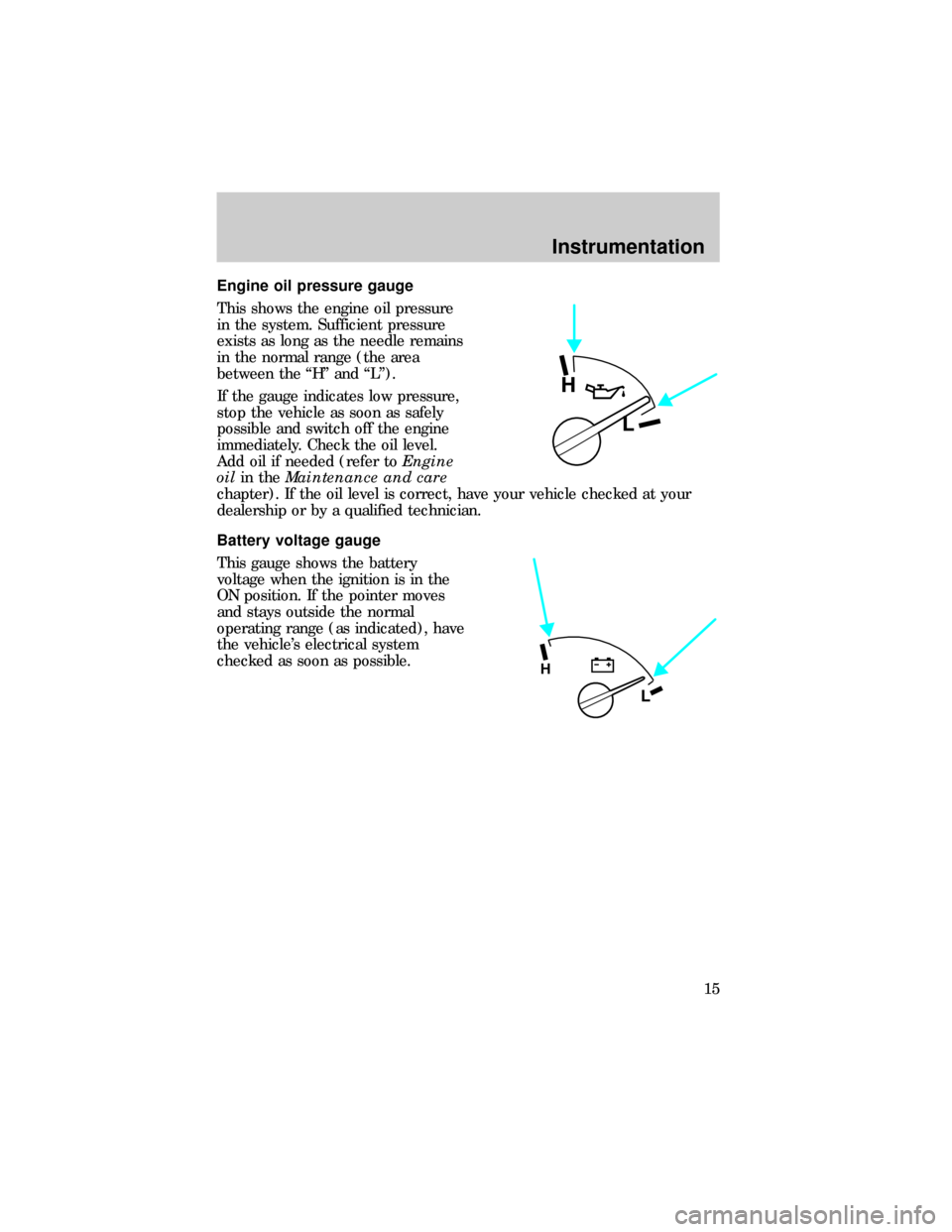 FORD RANGER 1999 2.G Owners Manual Engine oil pressure gauge
This shows the engine oil pressure
in the system. Sufficient pressure
exists as long as the needle remains
in the normal range (the area
between the ªHº and ªLº).
If the 