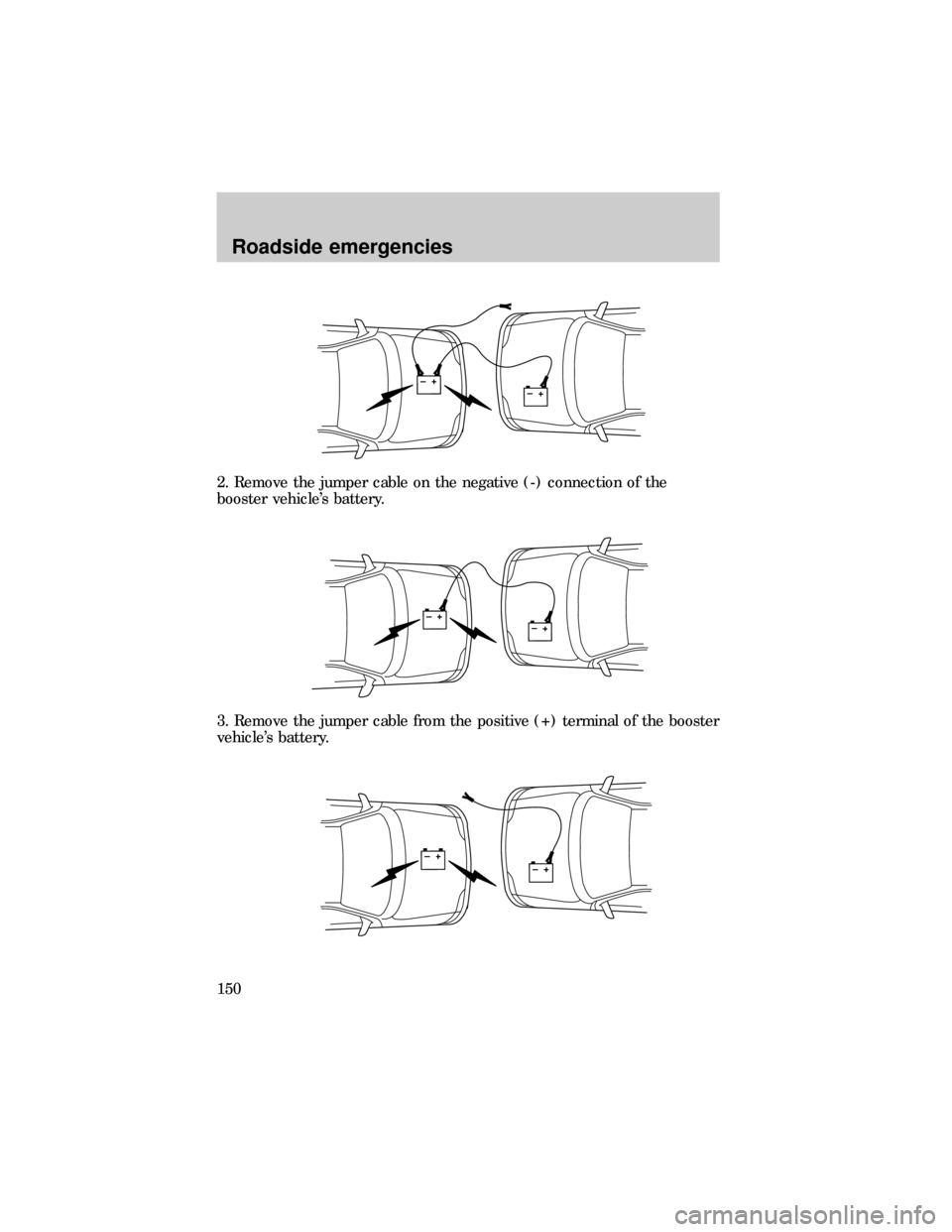 FORD RANGER 1999 2.G Owners Manual 2. Remove the jumper cable on the negative (-) connection of the
booster vehicles battery.
3. Remove the jumper cable from the positive (+) terminal of the booster
vehicles battery.
+–+–
+–+�
