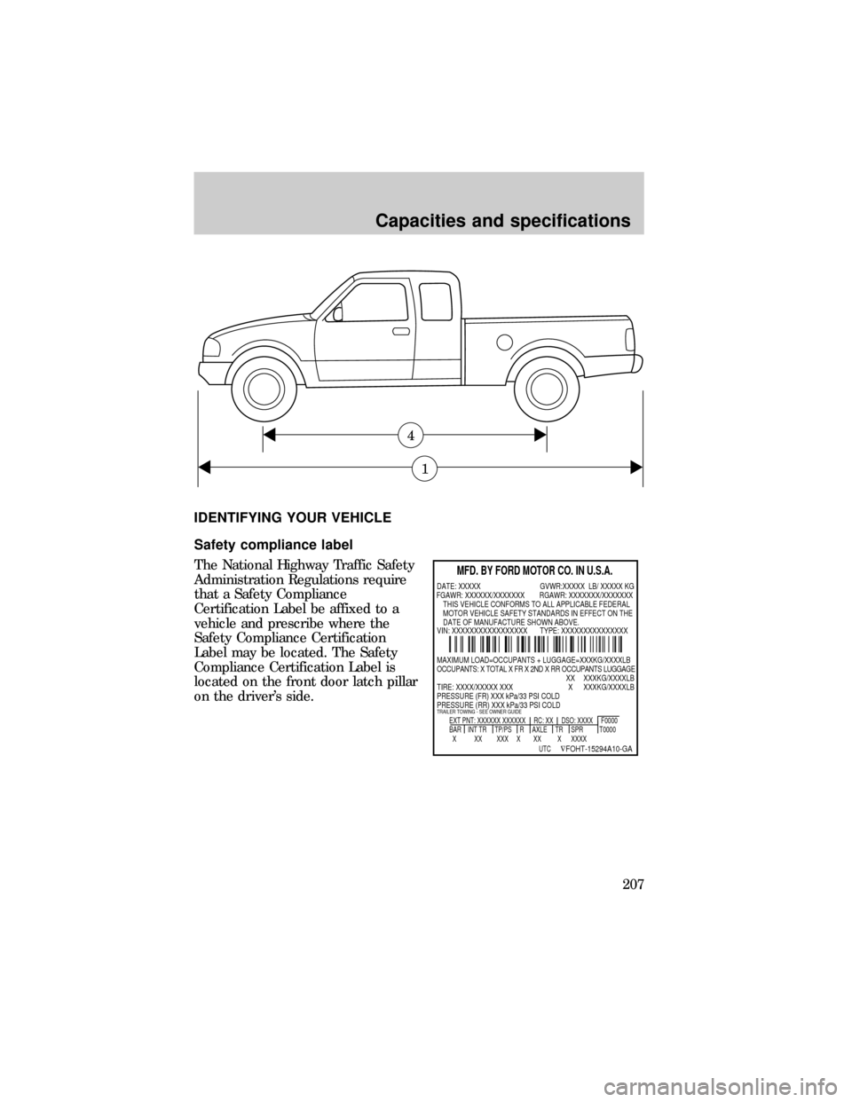 FORD RANGER 1999 2.G Owners Manual IDENTIFYING YOUR VEHICLE
Safety compliance label
The National Highway Traffic Safety
Administration Regulations require
that a Safety Compliance
Certification Label be affixed to a
vehicle and prescri FORD RANGER 1999 2.G Owners Manual IDENTIFYING YOUR VEHICLE
Safety compliance label
The National Highway Traffic Safety
Administration Regulations require
that a Safety Compliance
Certification Label be affixed to a
vehicle and prescri