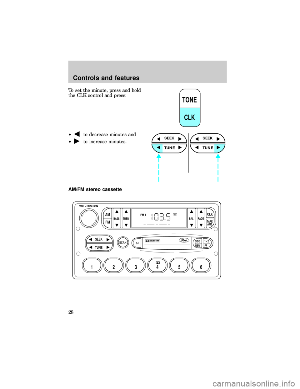 FORD RANGER 1999 2.G Owners Manual To set the minute, press and hold
the CLK control and press:
²
to decrease minutes and
²
to increase minutes.
AM/FM stereo cassette
TONE
CLK
SEEK
TUNE
SEEK
TUNE
SCAN
BASS TREB BAL FADE
SIDE
EJ
REW F