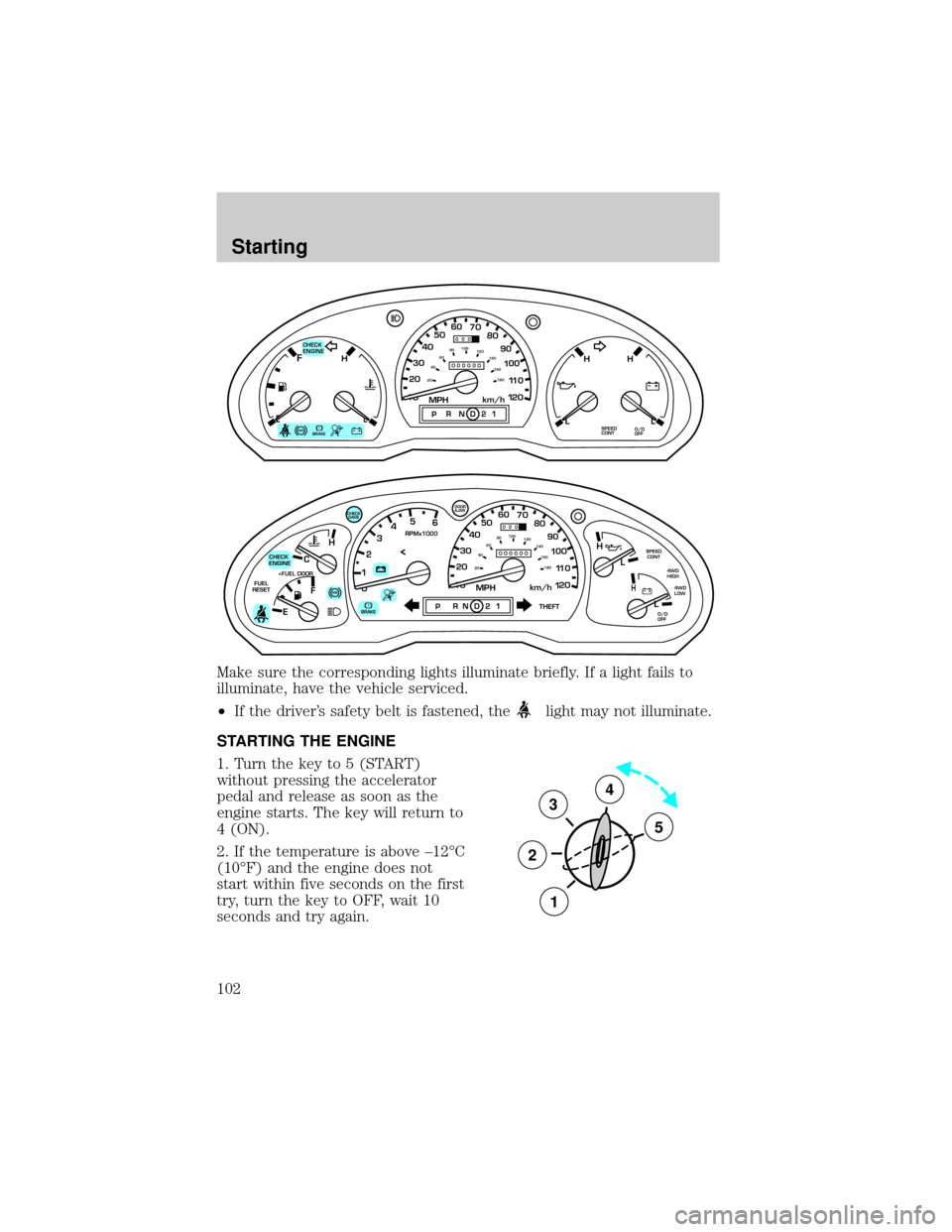 FORD RANGER 2000 2.G Owners Manual Make sure the corresponding lights illuminate briefly. If a light fails to
illuminate, have the vehicle serviced.
²If the drivers safety belt is fastened, the
light may not illuminate.
STARTING THE 