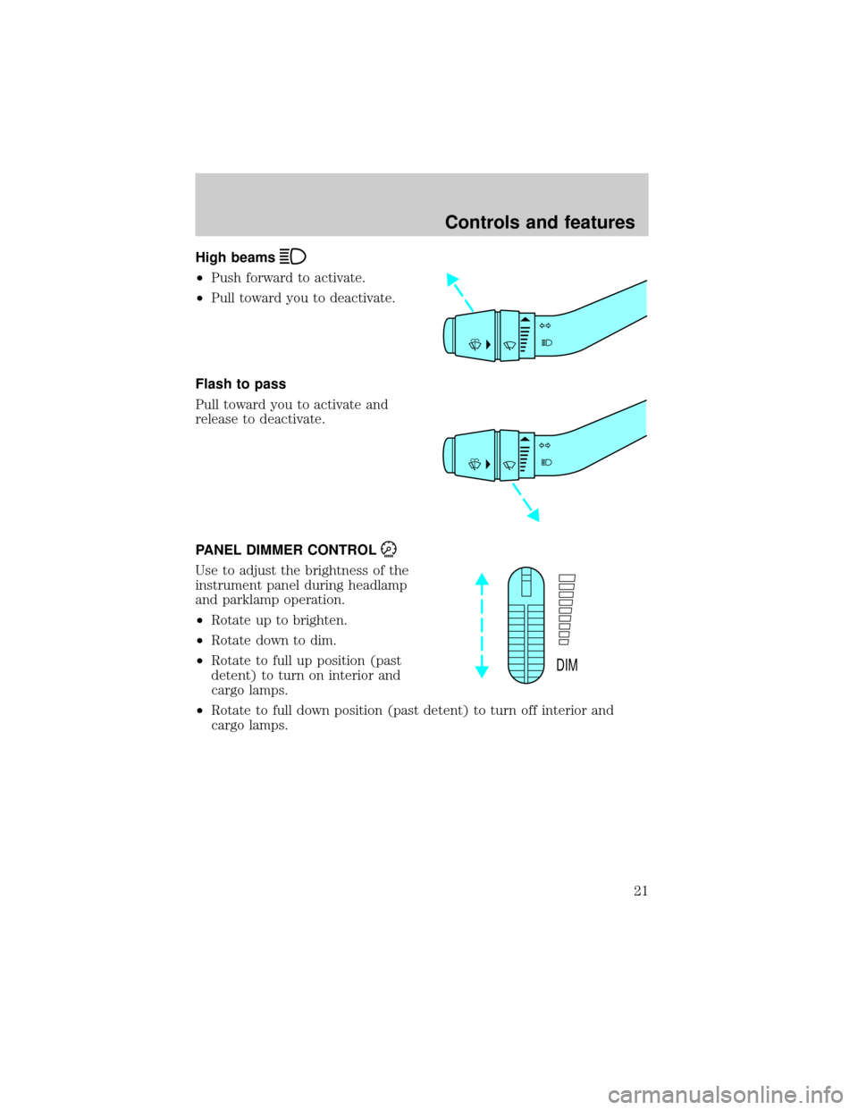 FORD RANGER 2001 2.G Owners Manual High beams
²Push forward to activate.
²Pull toward you to deactivate.
Flash to pass
Pull toward you to activate and
release to deactivate.
PANEL DIMMER CONTROL
Use to adjust the brightness of the
in