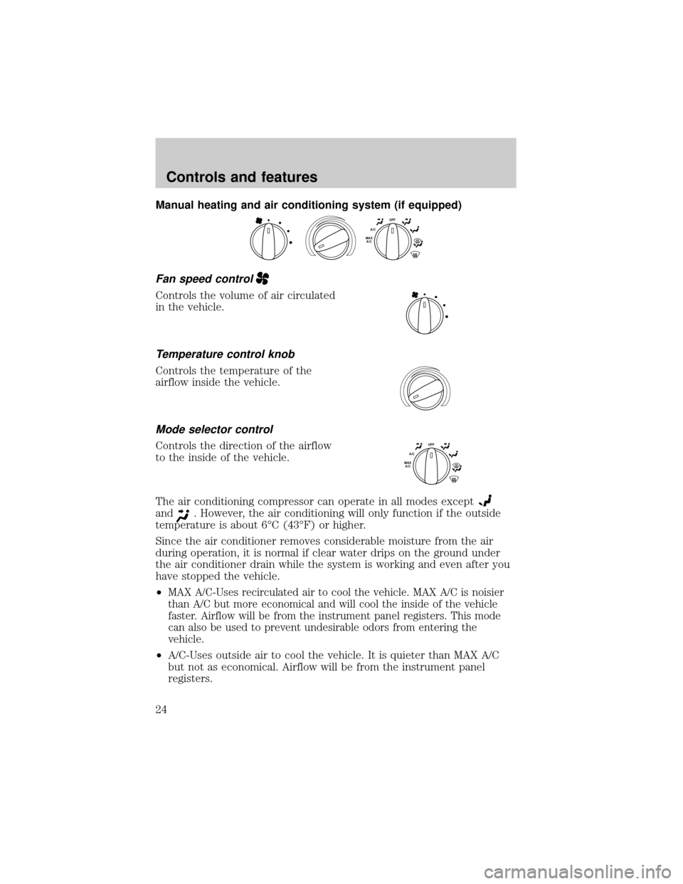 FORD RANGER 2001 2.G Owners Manual Manual heating and air conditioning system (if equipped)
Fan speed control
Controls the volume of air circulated
in the vehicle.
Temperature control knob
Controls the temperature of the
airflow inside