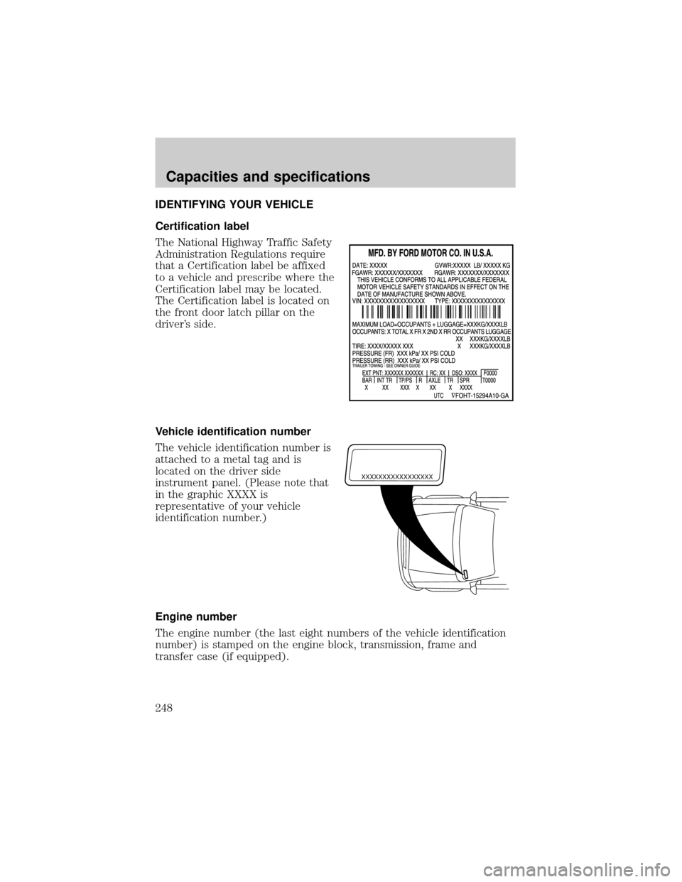 FORD RANGER 2001 2.G Service Manual IDENTIFYING YOUR VEHICLE
Certification label
The National Highway Traffic Safety
Administration Regulations require
that a Certification label be affixed
to a vehicle and prescribe where the
Certifica