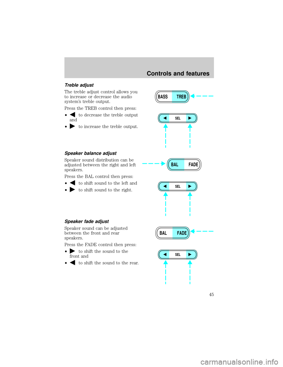 FORD RANGER 2001 2.G Service Manual Treble adjust
The treble adjust control allows you
to increase or decrease the audio
systems treble output.
Press the TREB control then press:
²
to decrease the treble output
and
²
to increase the 