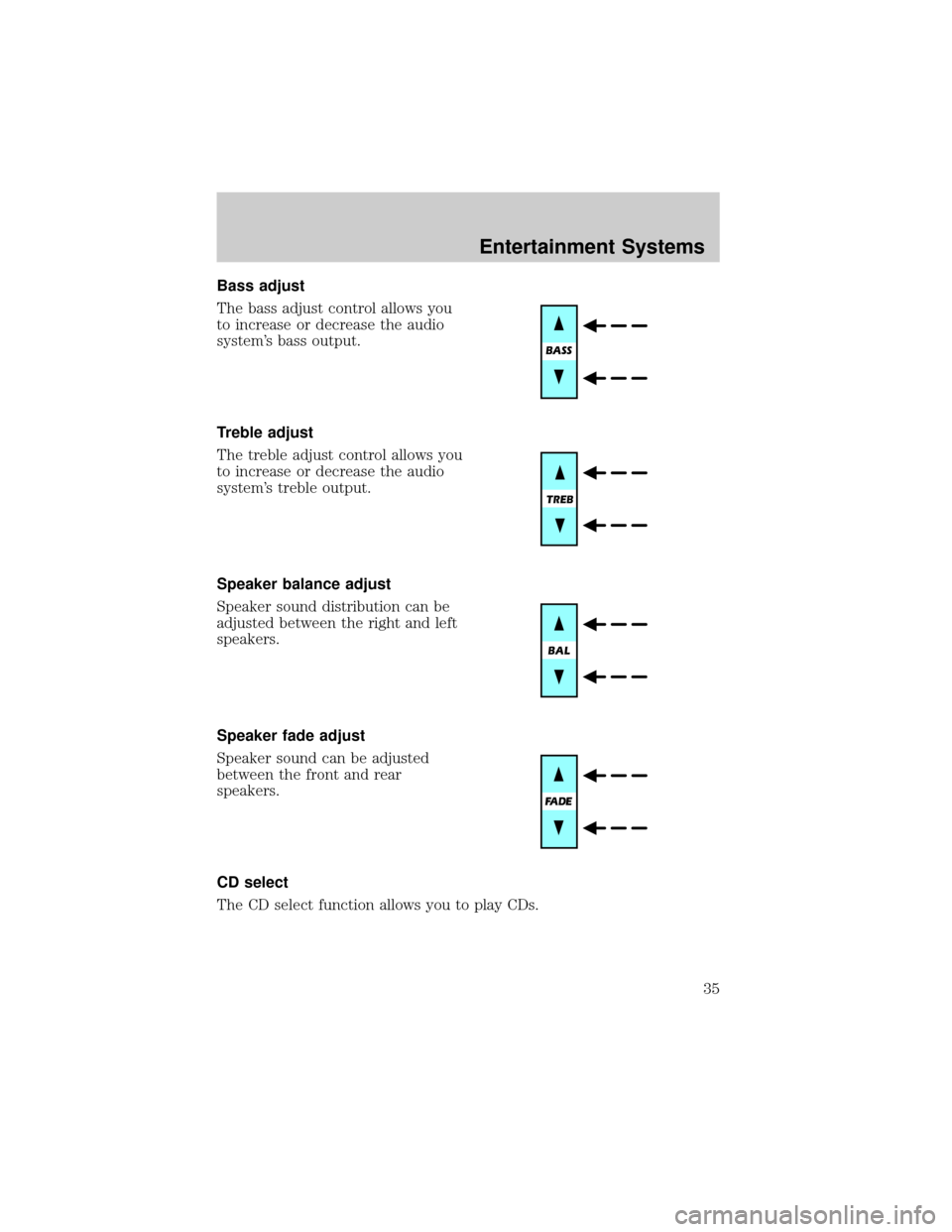 FORD RANGER 2002 2.G Owners Guide Bass adjust
The bass adjust control allows you
to increase or decrease the audio
systems bass output.
Treble adjust
The treble adjust control allows you
to increase or decrease the audio
systems tre