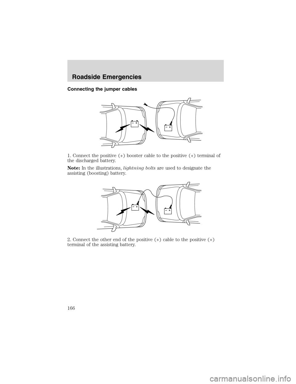 FORD RANGER 2003 2.G Owners Manual Connecting the jumper cables
1. Connect the positive (+) booster cable to the positive (+) terminal of
the discharged battery.
Note:In the illustrations,lightning boltsare used to designate the
assist