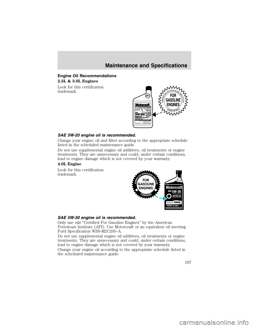FORD RANGER 2003 2.G Repair Manual Engine Oil Recommendations
2.3L & 3.0L Engines
Look for this certification
trademark.
SAE 5W-20 engine oil is recommended.
Change your engine oil and filter according to the appropriate schedule
liste FORD RANGER 2003 2.G Repair Manual Engine Oil Recommendations
2.3L & 3.0L Engines
Look for this certification
trademark.
SAE 5W-20 engine oil is recommended.
Change your engine oil and filter according to the appropriate schedule
liste