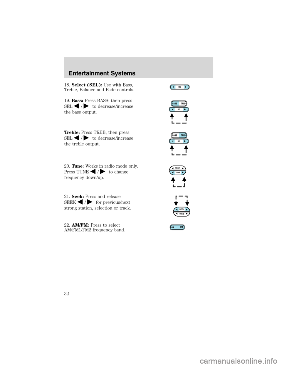 FORD RANGER 2003 2.G Owners Manual 18.Select (SEL):Use with Bass,
Treble, Balance and Fade controls.
19.Bass:Press BASS; then press
SEL
/to decrease/increase
the bass output.
Treble:Press TREB; then press
SEL
/to decrease/increase
the 