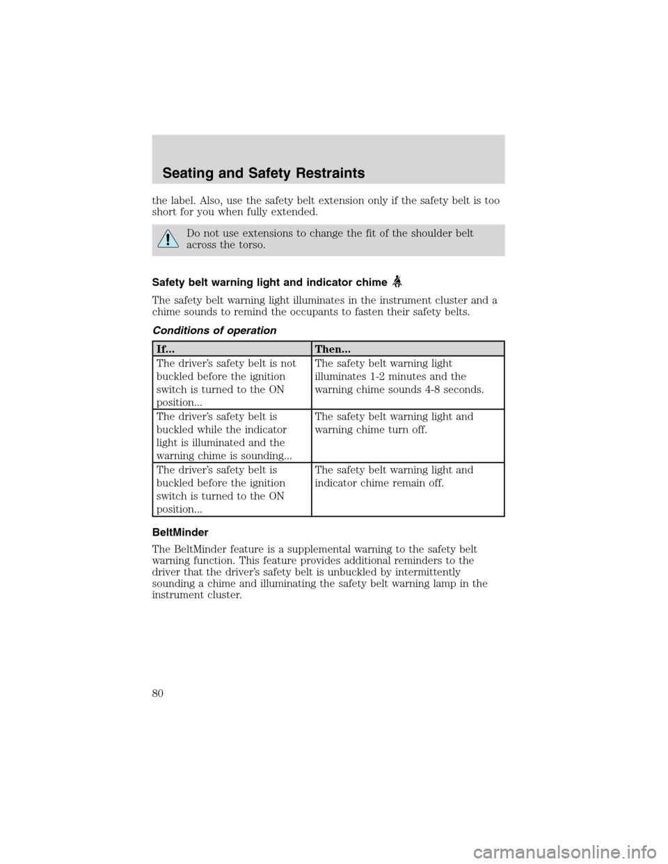 FORD RANGER 2003 2.G Owners Manual the label. Also, use the safety belt extension only if the safety belt is too
short for you when fully extended.
Do not use extensions to change the fit of the shoulder belt
across the torso.
Safety b