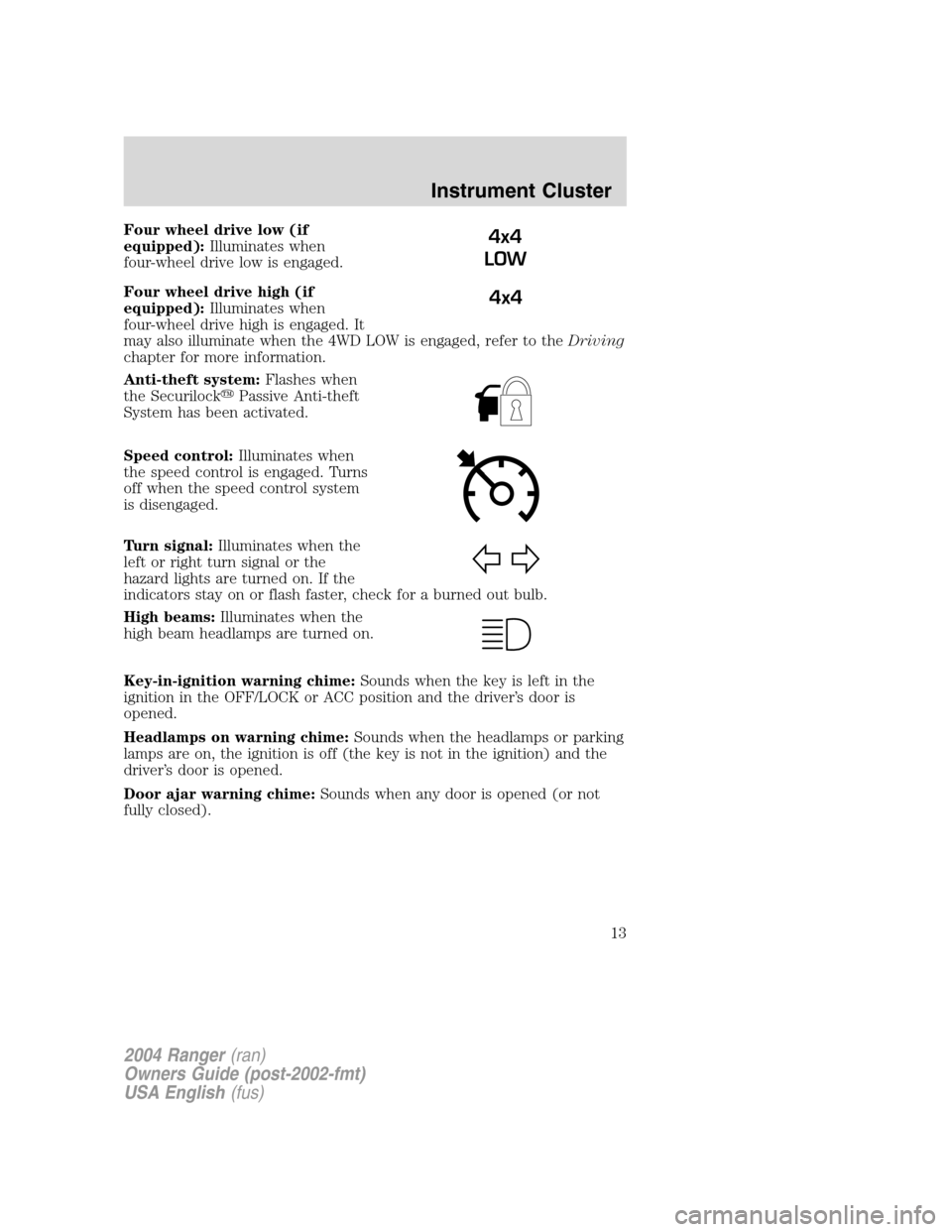 FORD RANGER 2004 2.G User Guide Four wheel drive low (if
equipped):Illuminates when
four-wheel drive low is engaged.
Four wheel drive high (if
equipped): Illuminates when
four-wheel drive high is engaged. It
may also illuminate when FORD RANGER 2004 2.G User Guide Four wheel drive low (if
equipped):Illuminates when
four-wheel drive low is engaged.
Four wheel drive high (if
equipped): Illuminates when
four-wheel drive high is engaged. It
may also illuminate when