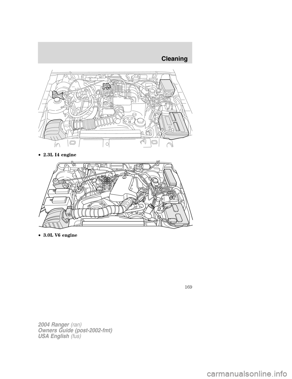 FORD RANGER 2004 2.G Owners Manual •2.3L I4 engine
• 3.0L V6 engine
2004 Ranger (ran)
Owners Guide (post-2002-fmt)
USA English (fus)
Cleaning
169 