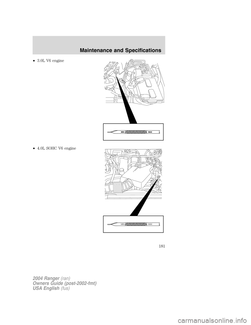 FORD RANGER 2004 2.G Repair Manual •3.0L V6 engine
• 4.0L SOHC V6 engine
MAX
MIN
2004 Ranger (ran)
Owners Guide (post-2002-fmt)
USA English (fus)
Maintenance and Specifications
181 