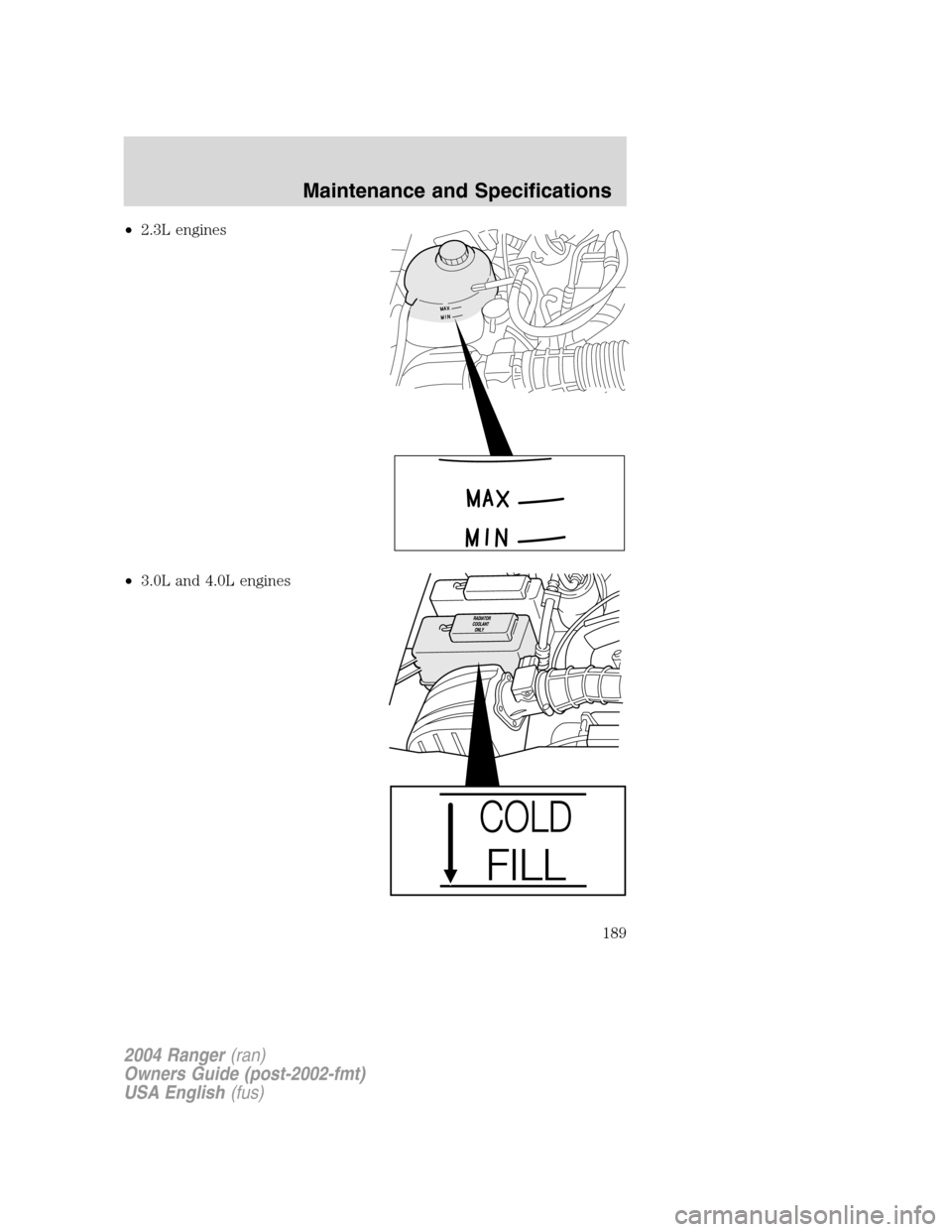 FORD RANGER 2004 2.G Owners Manual •2.3L engines
• 3.0L and 4.0L engines
2004 Ranger (ran)
Owners Guide (post-2002-fmt)
USA English (fus)
Maintenance and Specifications
189 FORD RANGER 2004 2.G Owners Manual •2.3L engines
• 3.0L and 4.0L engines
2004 Ranger (ran)
Owners Guide (post-2002-fmt)
USA English (fus)
Maintenance and Specifications
189