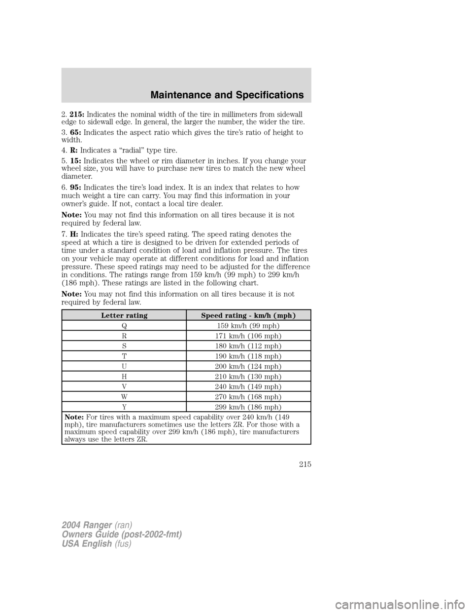 FORD RANGER 2004 2.G Owners Manual 2.215: Indicates the nominal width of the tire in millimeters from sidewall
edge to sidewall edge. In general, the larger the number, the wider the tire.
3. 65: Indicates the aspect ratio which gives FORD RANGER 2004 2.G Owners Manual 2.215: Indicates the nominal width of the tire in millimeters from sidewall
edge to sidewall edge. In general, the larger the number, the wider the tire.
3. 65: Indicates the aspect ratio which gives