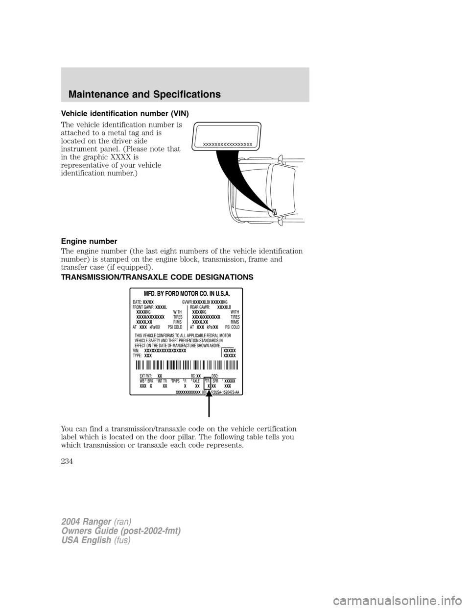FORD RANGER 2004 2.G Owners Manual Vehicle identification number (VIN)
The vehicle identification number is
attached to a metal tag and is
located on the driver side
instrument panel. (Please note that
in the graphic XXXX is
representa FORD RANGER 2004 2.G Owners Manual Vehicle identification number (VIN)
The vehicle identification number is
attached to a metal tag and is
located on the driver side
instrument panel. (Please note that
in the graphic XXXX is
representa