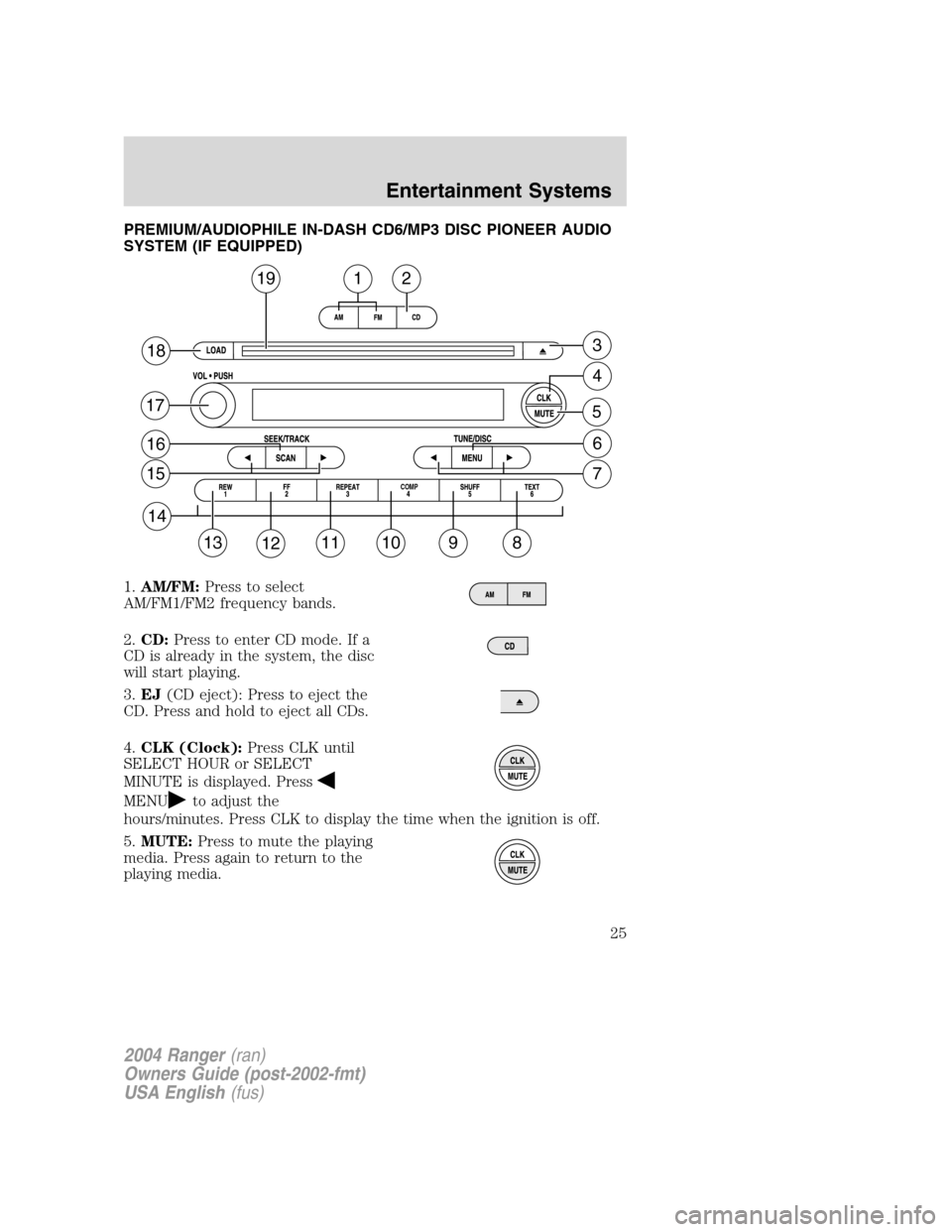 FORD RANGER 2004 2.G Owners Manual PREMIUM/AUDIOPHILE IN-DASH CD6/MP3 DISC PIONEER AUDIO
SYSTEM (IF EQUIPPED)
1.AM/FM: Press to select
AM/FM1/FM2 frequency bands.
2. CD: Press to enter CD mode. If a
CD is already in the system, the dis FORD RANGER 2004 2.G Owners Manual PREMIUM/AUDIOPHILE IN-DASH CD6/MP3 DISC PIONEER AUDIO
SYSTEM (IF EQUIPPED)
1.AM/FM: Press to select
AM/FM1/FM2 frequency bands.
2. CD: Press to enter CD mode. If a
CD is already in the system, the dis