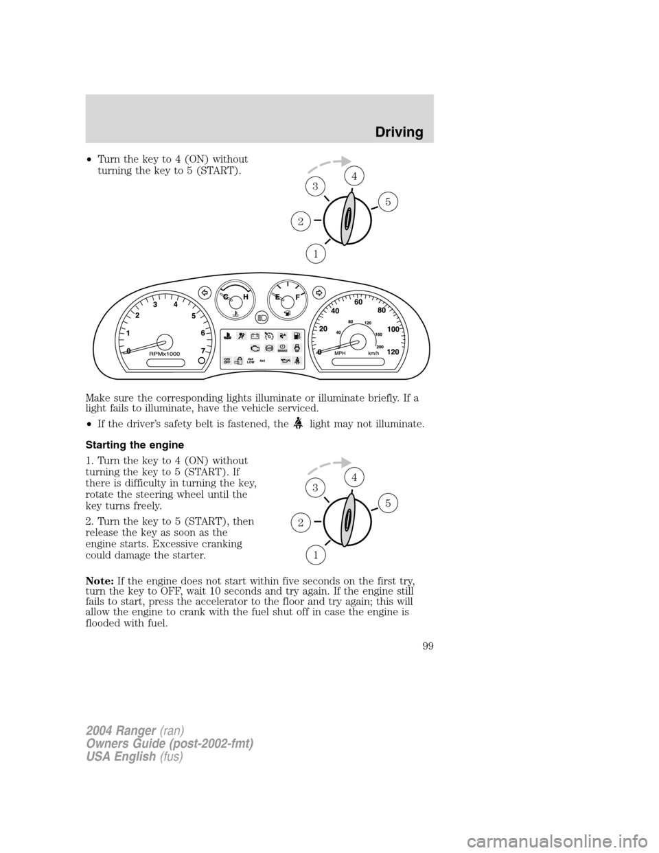FORD RANGER 2004 2.G Owners Manual •Turn the key to 4 (ON) without
turning the key to 5 (START).
Make sure the corresponding lights illuminate or illuminate briefly. If a
light fails to illuminate, have the vehicle serviced.
• If t FORD RANGER 2004 2.G Owners Manual •Turn the key to 4 (ON) without
turning the key to 5 (START).
Make sure the corresponding lights illuminate or illuminate briefly. If a
light fails to illuminate, have the vehicle serviced.
• If t