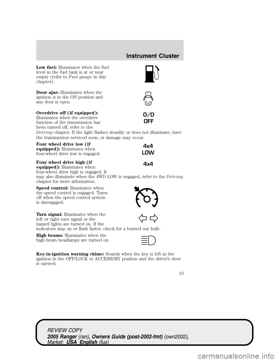 FORD RANGER 2005 2.G Owners Manual Low fuel:Illuminates when the fuel
level in the fuel tank is at or near
empty (refer toFuel gaugein this
chapter).
Door ajar:Illuminates when the
ignition is in the ON position and
any door is open.
O FORD RANGER 2005 2.G Owners Manual Low fuel:Illuminates when the fuel
level in the fuel tank is at or near
empty (refer toFuel gaugein this
chapter).
Door ajar:Illuminates when the
ignition is in the ON position and
any door is open.
O